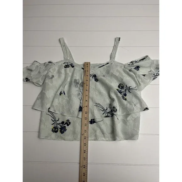 Lucky Brand Womens S Pale Green w/Blue Floral Off‎ Shoulder Layered Lined Blouse - Picture 3 of 7